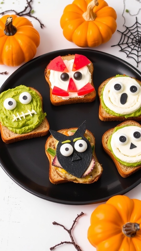 Spooky Halloween Toast Recipe Spooky Halloween toasts with avocado and cream cheese faces on a dark plate, surrounded by Halloween decorations.